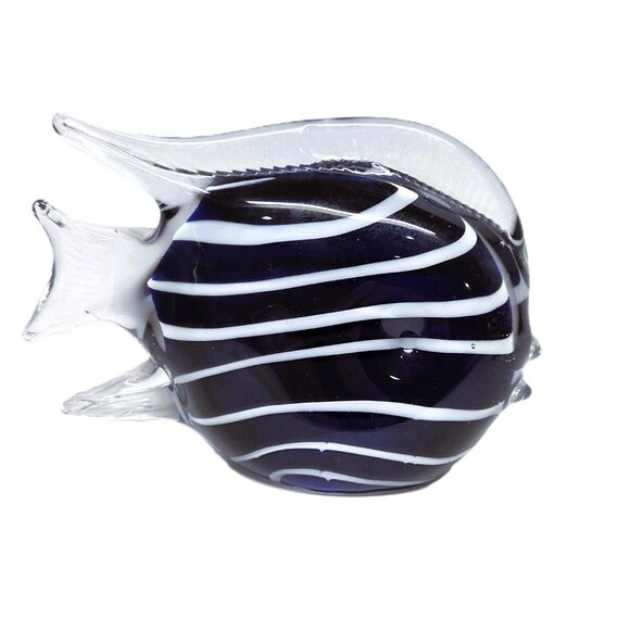 Art Glass Fish Pair Blue Figurine Statue Paperweight Lot Set Striped Beach Decor - Picture 2 of 14